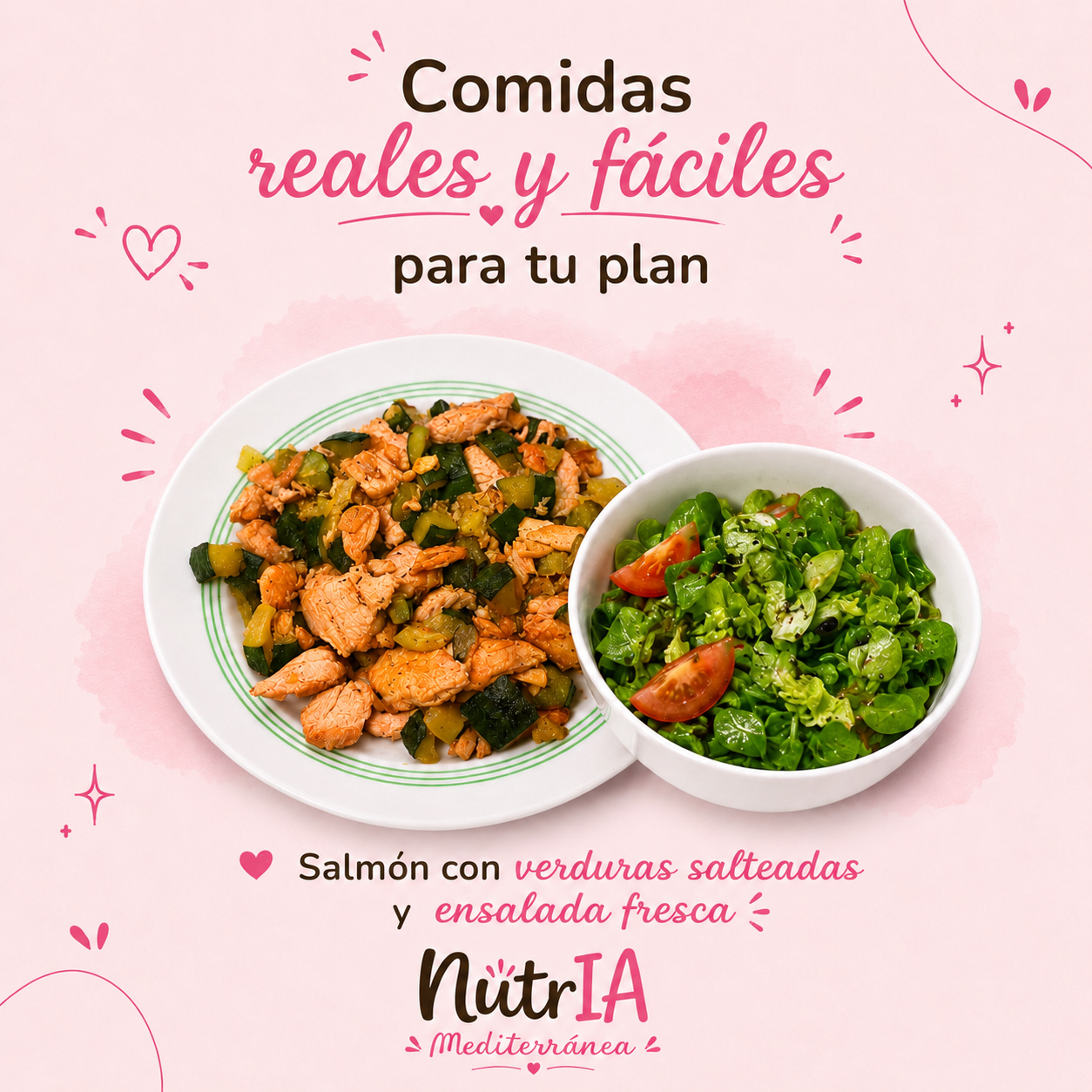 Salmón con verduras salteadas — post de Instagram de NutrIA Mediterranea